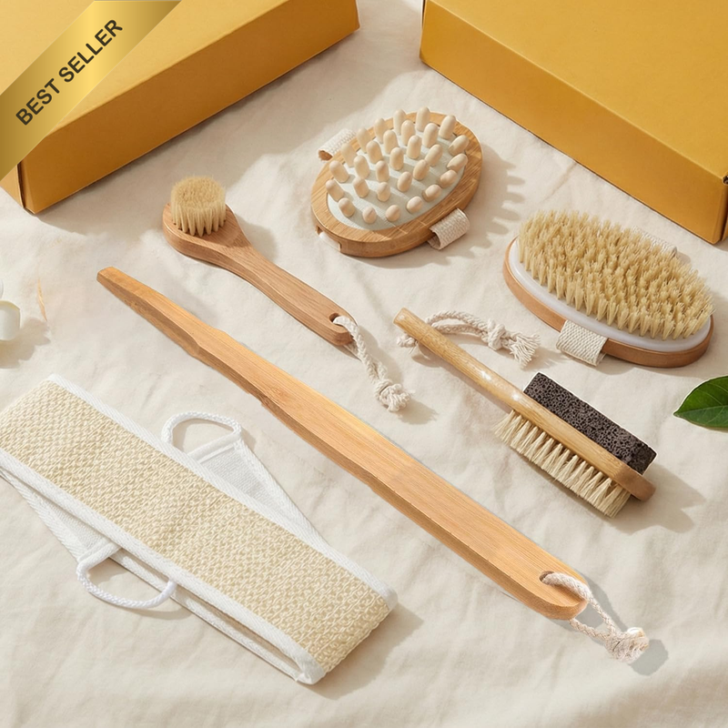 Dry Brushing Body Brush Set - Wood Long Handle Back Scrubber Brush, Face Brush,
