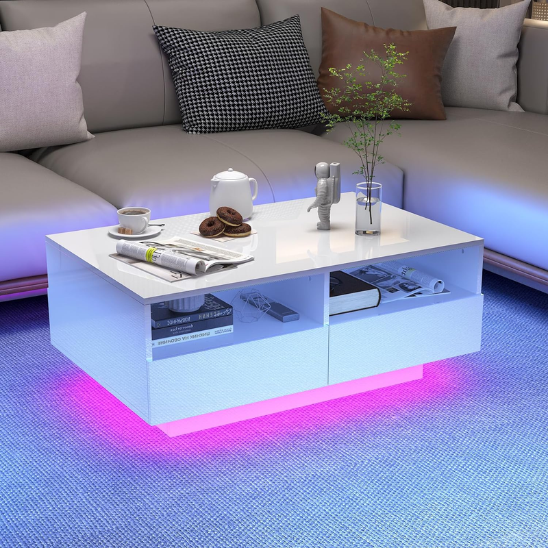 LED Coffee Table with 4 Storage Sliding Drawers, High Glossy Modern Center Table