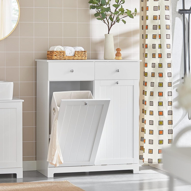 BZR33-W, White Bathroom Laundry Cabinet with 2 Baskets and 2 Drawers, Tilt-Out L