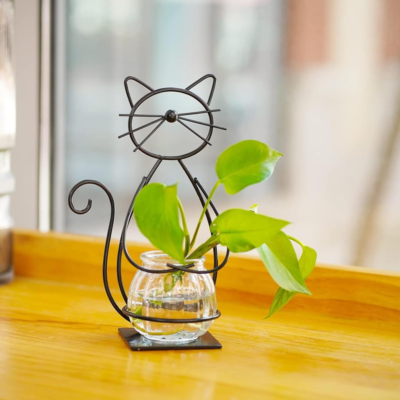 Desktop Glass Planter Vase Holder, Metal Cat Plant Terrarium Stand for Plants Cr