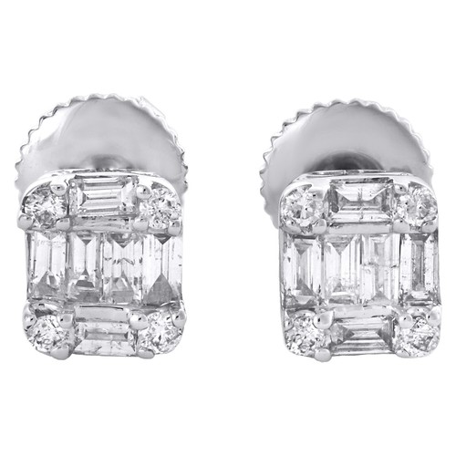 Pre-owned Jfl Diamonds & Timepieces 14k White Gold Round & Baguette Diamond 6.25mm Mini Square Stud Earrings 0.37 Ct