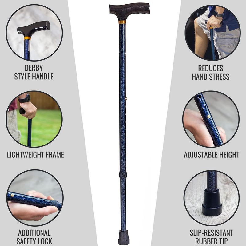 Lightweight Aluminum Adjustable Walking Cane with Derby-Top Handle for Men a