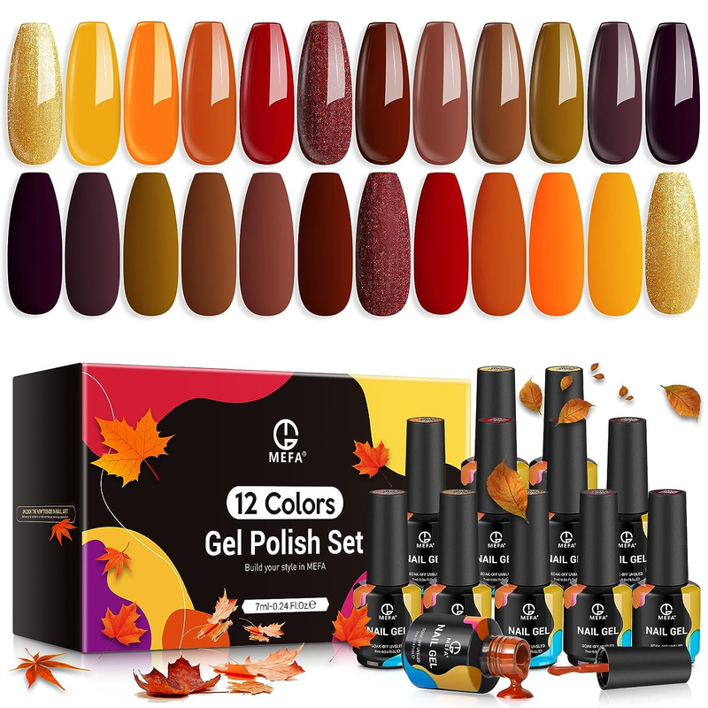 MEFA Fall Gel Nail Polish Set, 12 Colors Autumn Halloween Decorations Orange