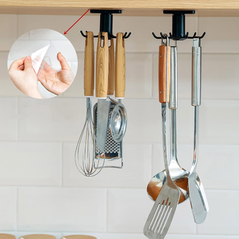 Pack of 2 360° Rotating Holder Kitchen Utensils Self-Adhesive Hook Rack Kitchen