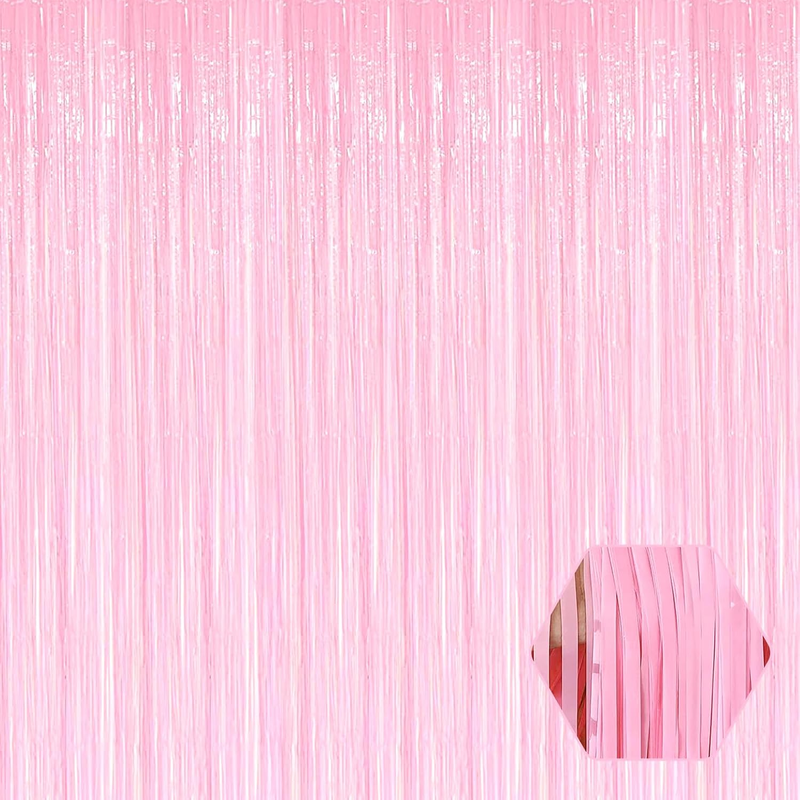 3 Pack Macaron Pink Foil Fringe Curtain Backdrop, 3.28Ft X 6.6Ft Metallic Tinsel