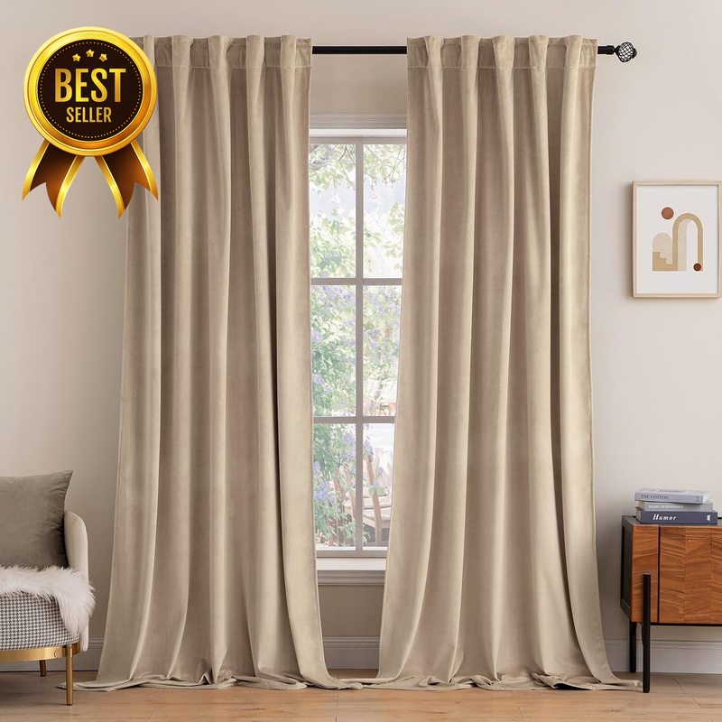 2-Panel 52x96-Inch Camel-Beige Blackout Velvet Curtain Set