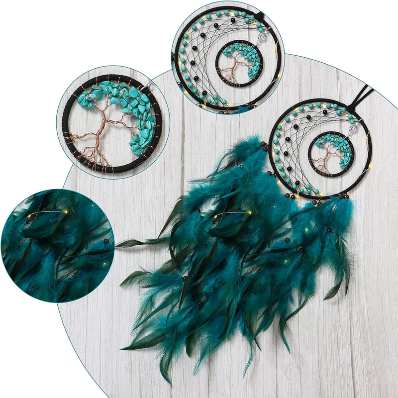LED Dream Catcher Light Up Tree of Life Dreamcatcher with Healing Crystal Stone
