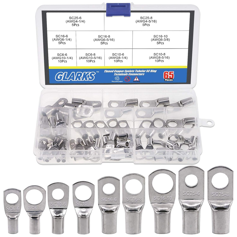 65Pcs Assorted Heavy Duty Wire Lugs Battery Cable Tinned Copper Eyelets Tubular