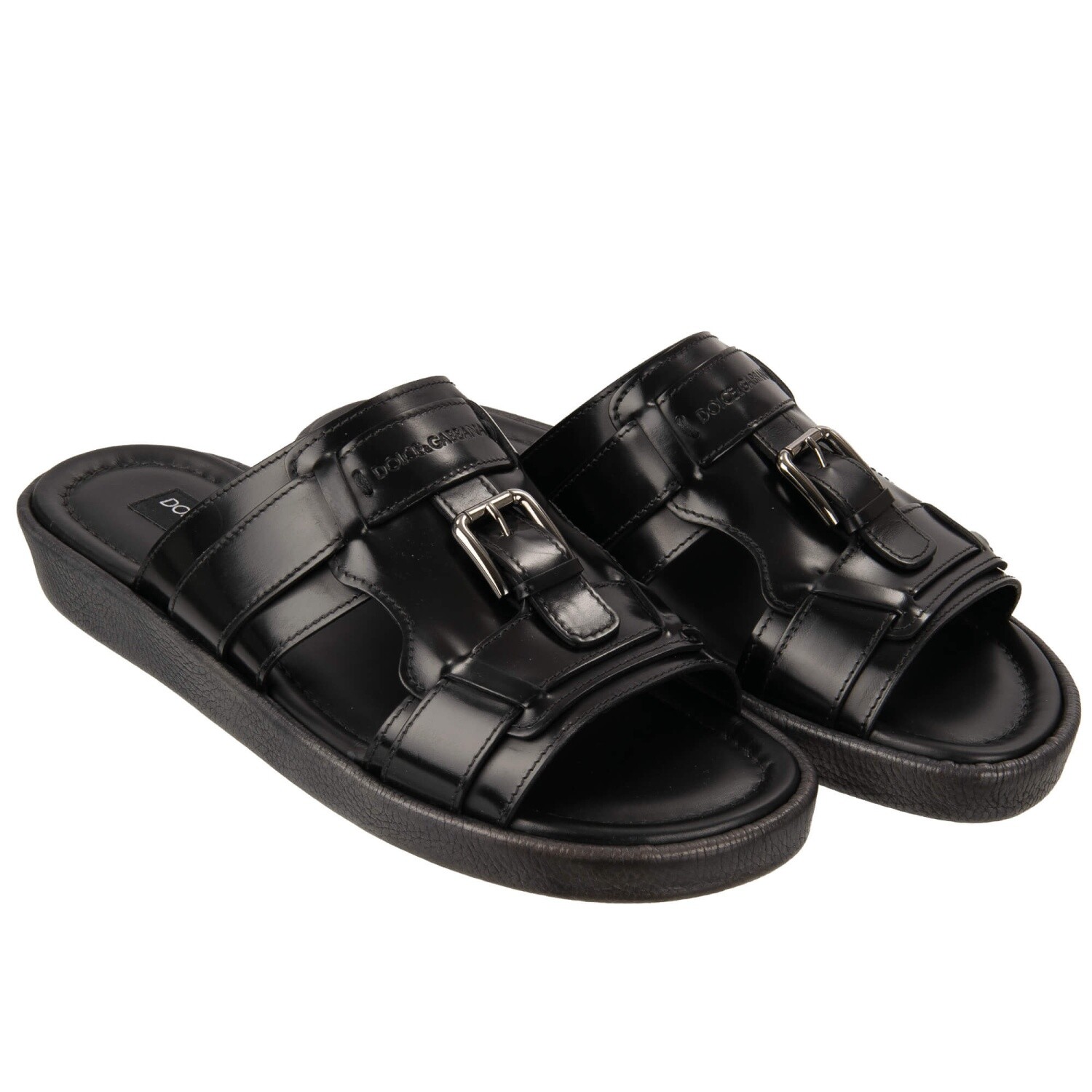 Pre-owned Dolce & Gabbana Slide Sandals Shoes Mediterraneo Logo Buckle Black Gray 05222