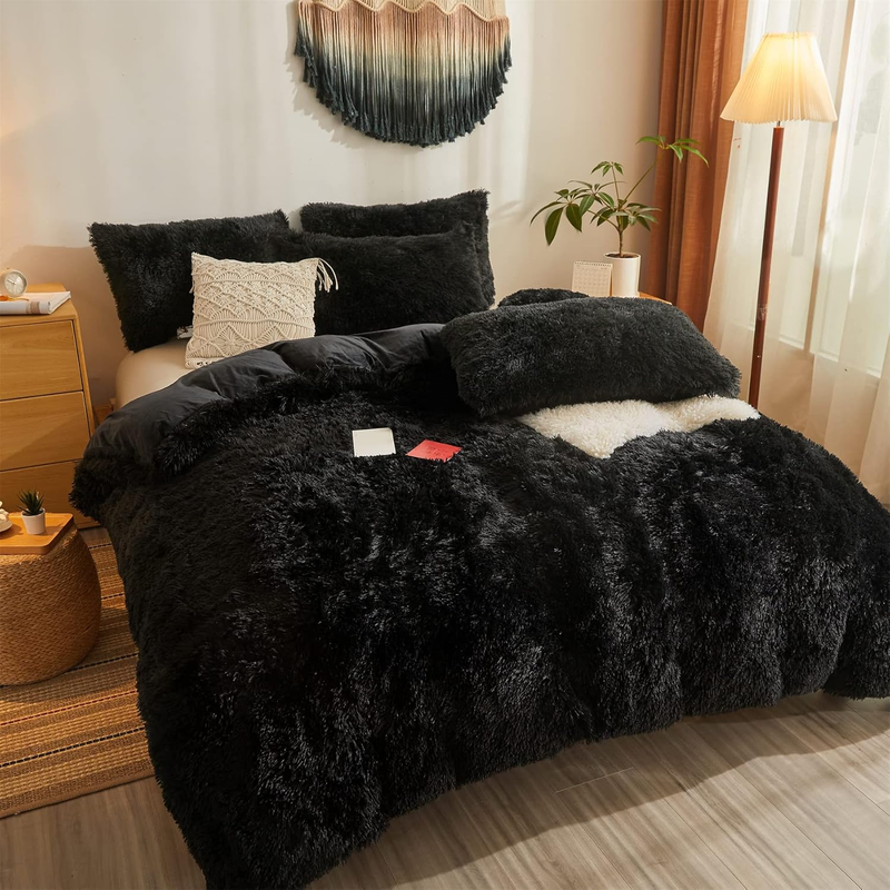 Faux Fur Black Comforter Set Queen，Down Alternative Fur Comforter 3Pcs Set