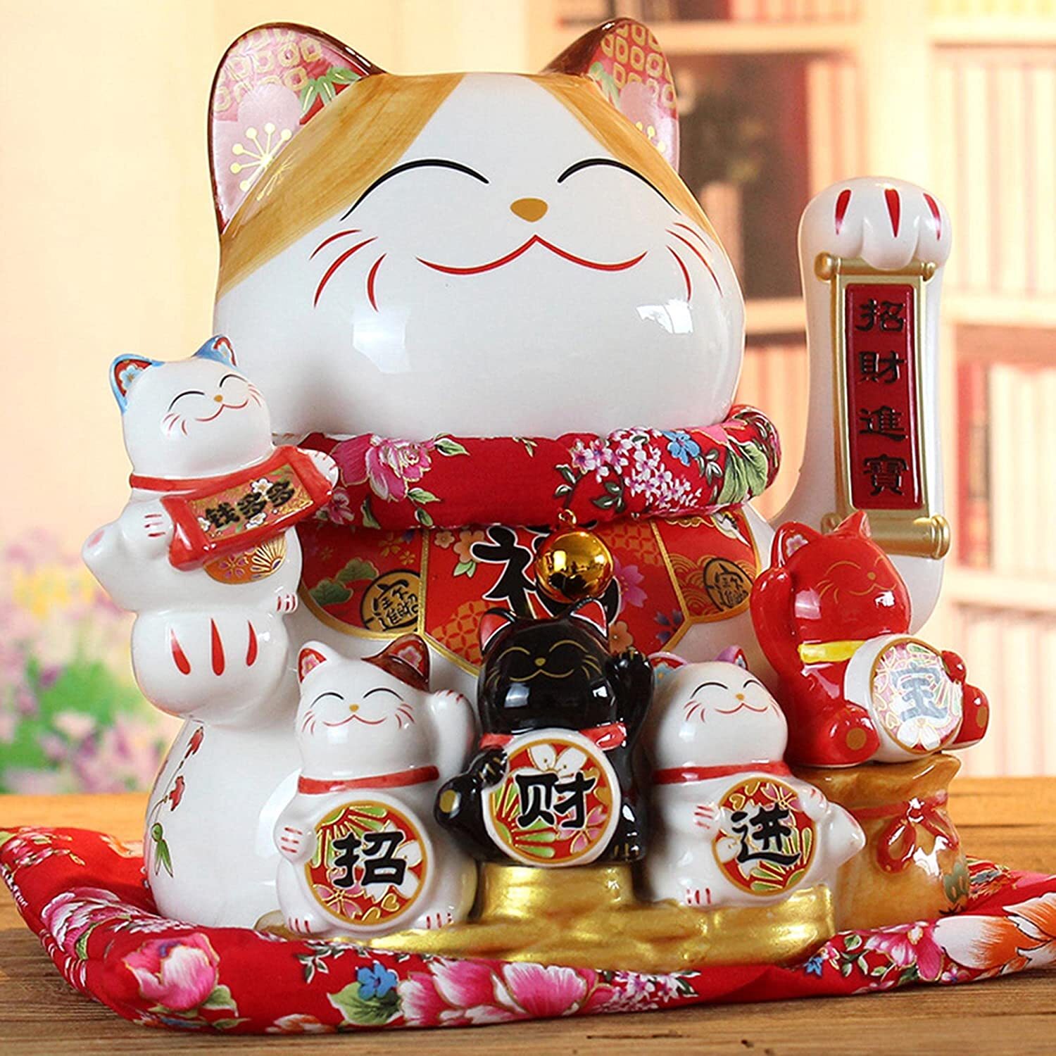 Large Ceramic Maneki Neko Beckoning Lucky Money Cat Waving Arm For Good Fortune 