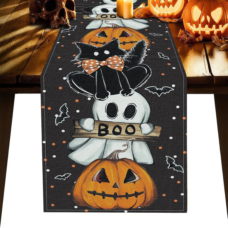 Ghost Pumpkin Halloween Table Runner,72 Inch Cute Cat Boo