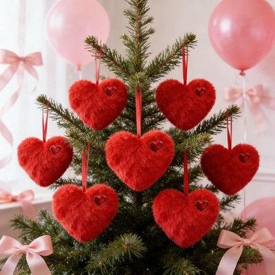Valentines Day Decorations,6PCS Fuzzy Heart Plush Ornament,4.72in Heart Ornament