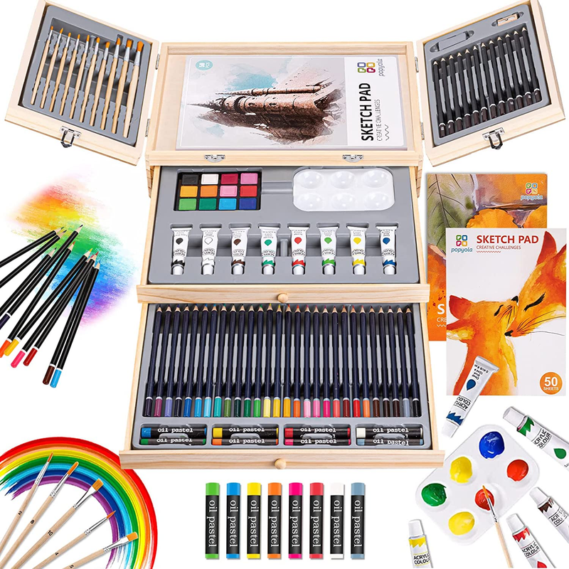 Deluxe Wooden Art Set with 3 Drawing Pads Crafts Painting Ki