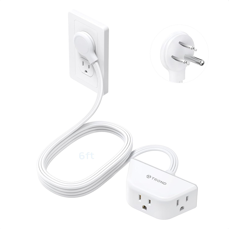 6ft Flat Plug Extension Cord Indoor, Right Angle 3 Prong Power Bar, 3 Way Outlet