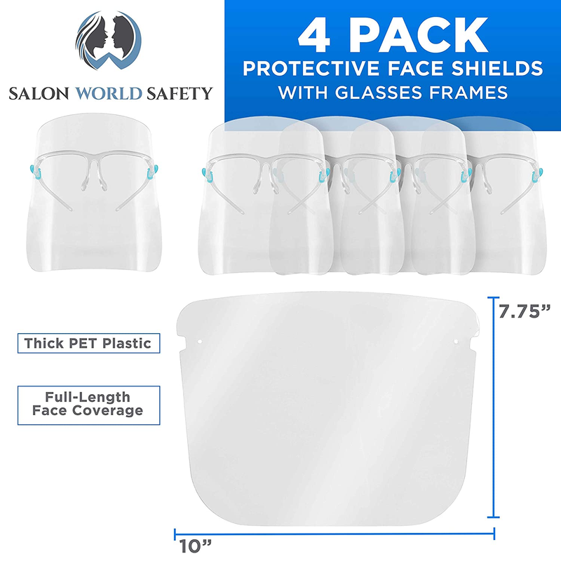 Salon World Safety Face Shields with Glasses Frames (Pack of 4) - Ultra Clear Pr
