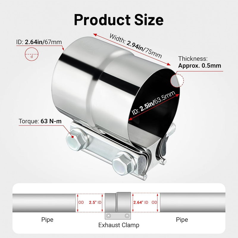 Exhaust Clamp, Lap Joint Band Clamp Stainless Steel (2.5 Inch,2Pcs)