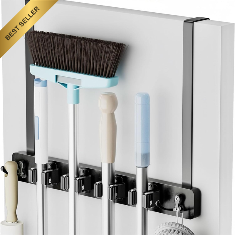 Over the Door Broom and Mop Holder with 4 Hooks, No Drill Mount Storage Organize