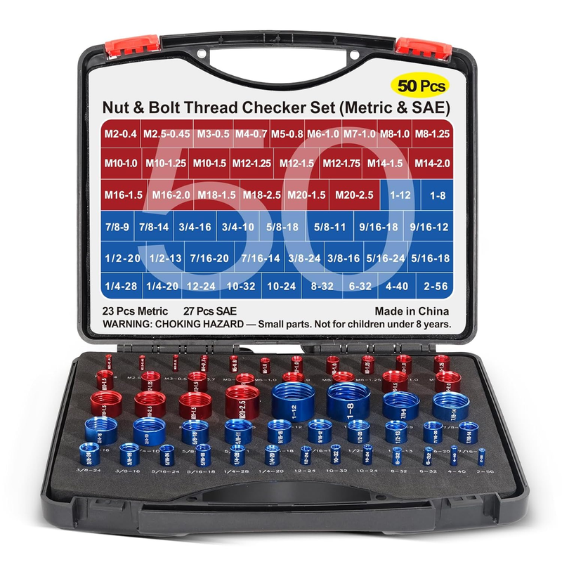 50PCS Thread Checker, Bolt Size Finder Nut and Bolt Thread Checker, 23 Metric & 27 SAE Box Set Thread Gauge Size Checker