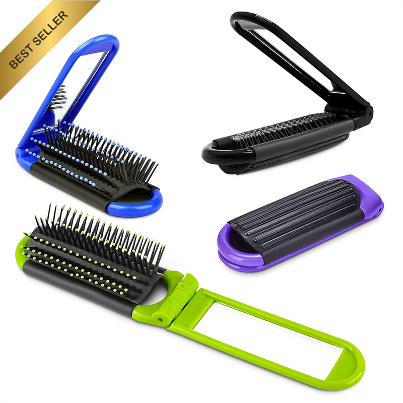 Pack of 4 Portable Folding Hair Brush with Mirror Compact Pocket Hair Comb for T