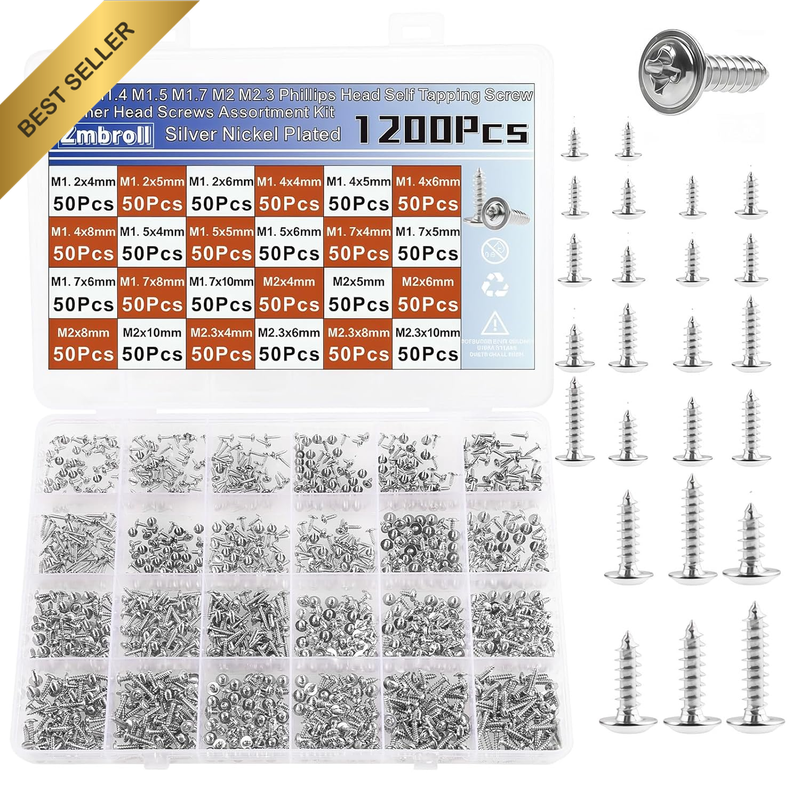 1200Pcs Silver Phillips Truss Head Self-Tapping Screws M1.2/1.4/1.5/1.7/2/2.3 Wa
