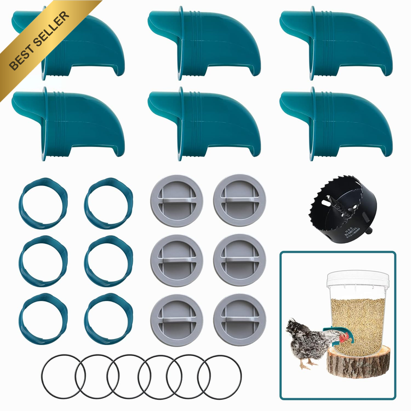 Chicken Feeders No Waste 6 Ports + Holesaw, Automatic Chicken Feeder, Rain Proof