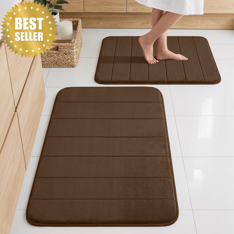 Memory Foam Bath Mat 2 Piece Set Bath Rugs for Bathroom, Brown | Non-Slip Quick-