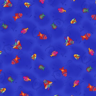 Sea Goddess Laurel Burch Mini FISH TOSS on LT ROYAL BLUE Fabric By the FQ 1/4 YD