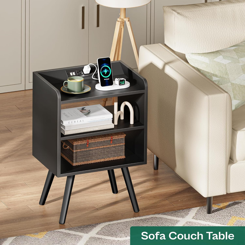 Night Stand with Charger Station, Black Nightstand, Bedside Table, 3 Tier End Ta