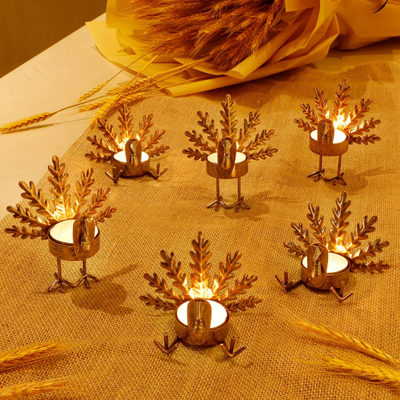 6 Pack Metal Turkey Tea Light Candle Holders, Thanksgiving Candle Holder, Turkey