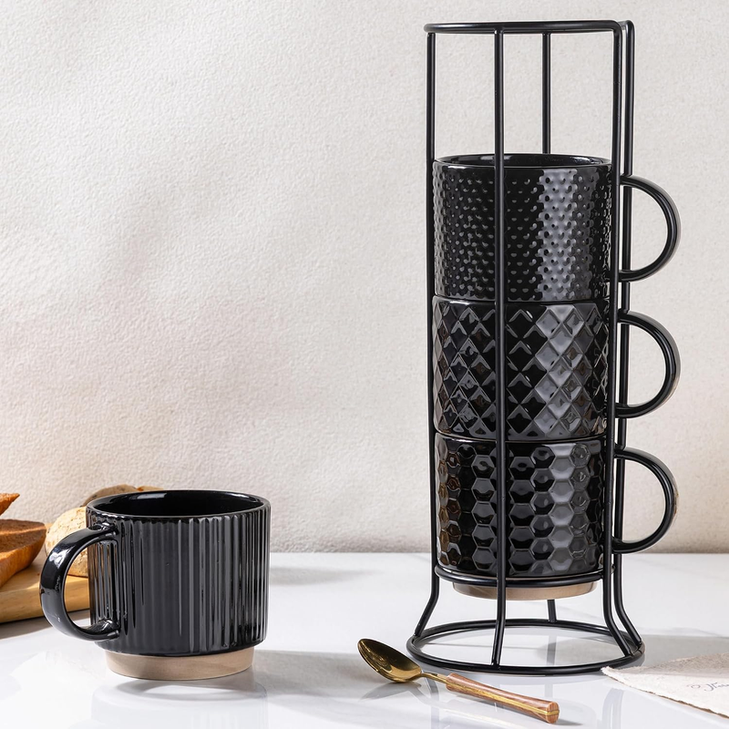 12OZ Stackable Coffee Mugs with Stand, Ceramic Coffee Mugs with Texture Patterns