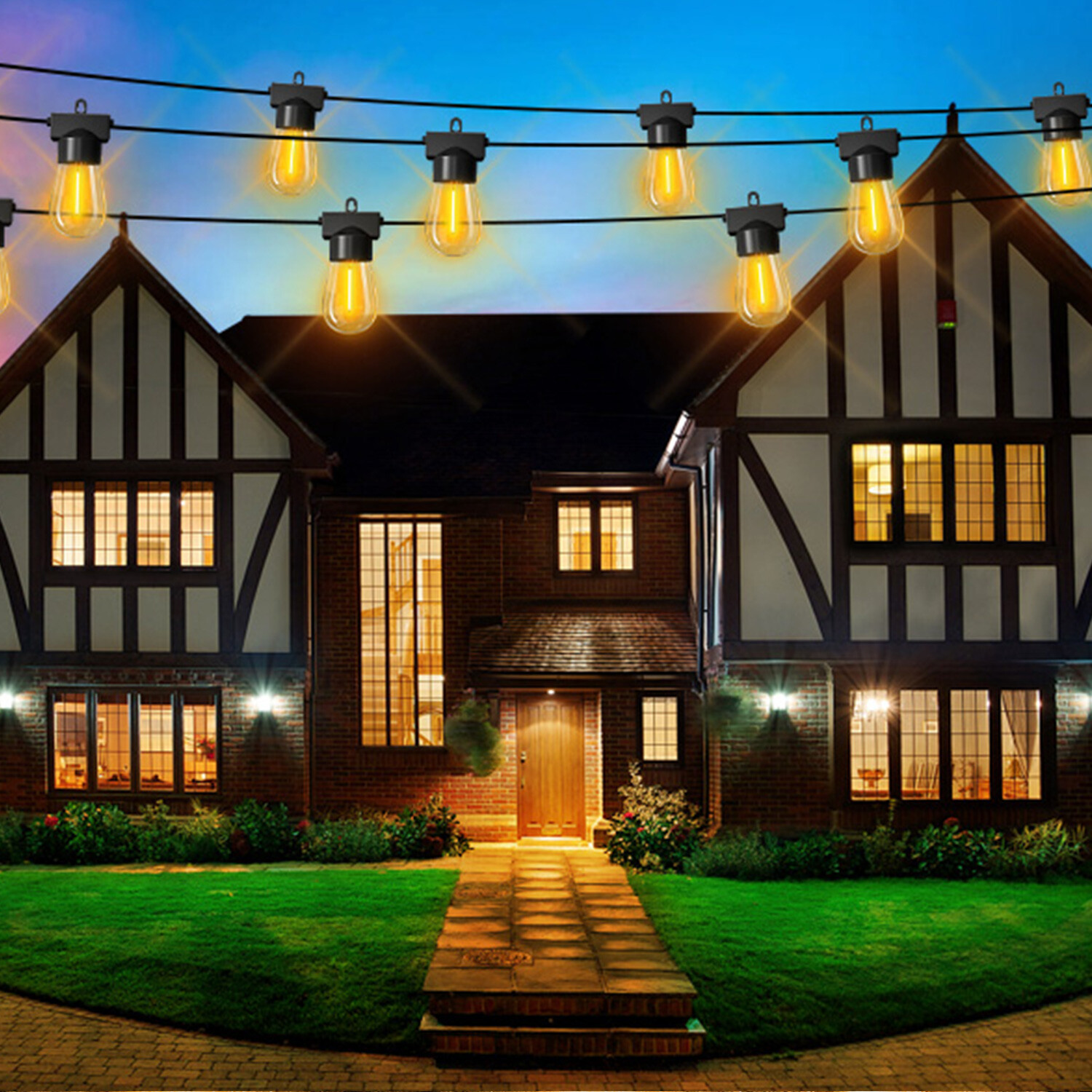 98FT LED Outdoor Lights S14 Warm White Patio Lights W/ 32 LED Bulbs Waterproof