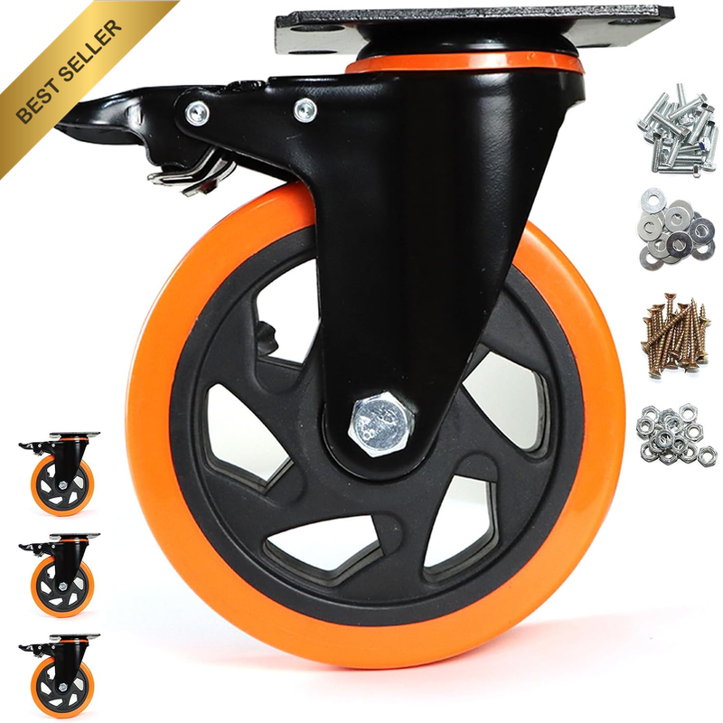 5 Inch Caster Wheels 4 Pack - Heavy Duty Swivel Casters with Brakes, 360° Silent