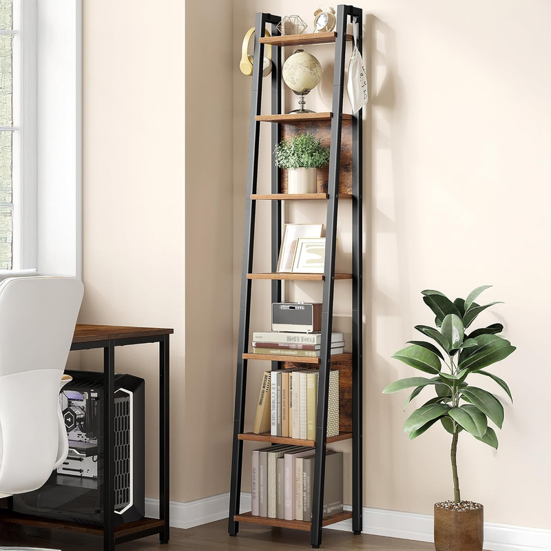 Hzuaneri Ladder Shelf, 7-Tier Narrow Bookshelf with 2 Back Panels