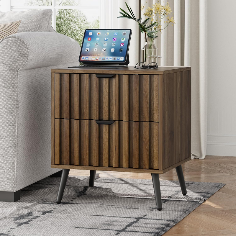Walnut Wooden Night Stand, Mid Century Nightstand with 2 Fluted Drawers, Bedside Table with Metal Feet, Modern End Side Table for Bedroom