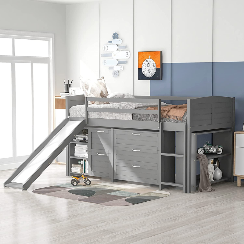 Low Study Twin Loft Bed with Cabinet/Two Storage Drawers/Fiv