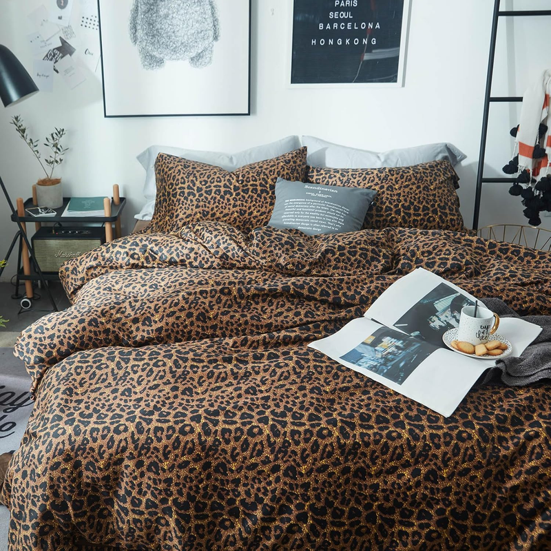 Leopard Print Queen Size Comforter Set-3 Pieces Animal Cheetah Printed Comforter Sexy Soft Fluffy Brown/Black Floral Print Bedding Set with 2 Pillowcases for All Season-Queen Size