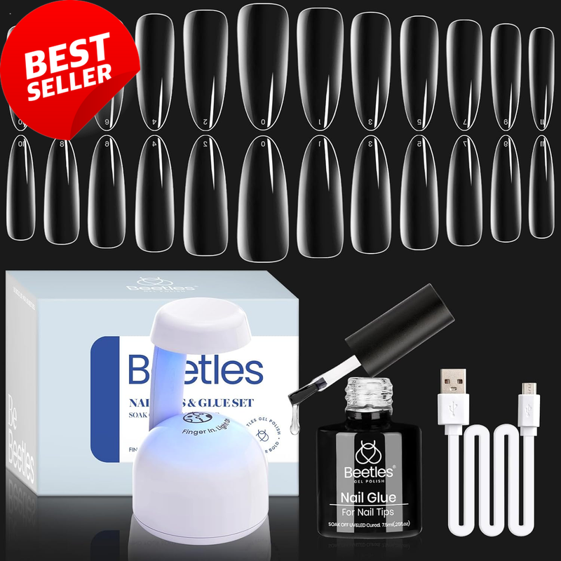 Beetles Gel Nail Kit, 500pcs Almond Tips, 5-in-1 Glue, LED Nail Lamp