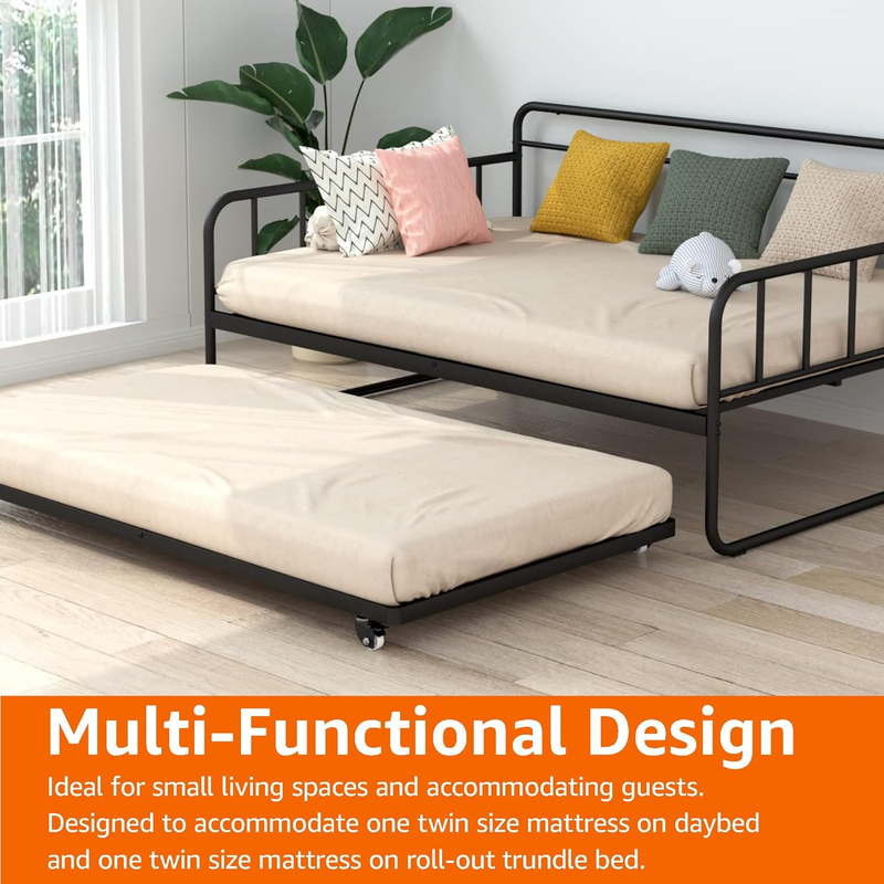 Amazon Basics Twin Daybed and Trundle Bed Frame Set, Steel Slat Support, Black,