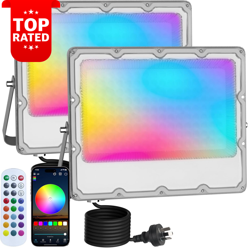 100W RGB LED Flood Lights Outdoor 2-Pack Color Changing Bluetooth IP66 10000LM
