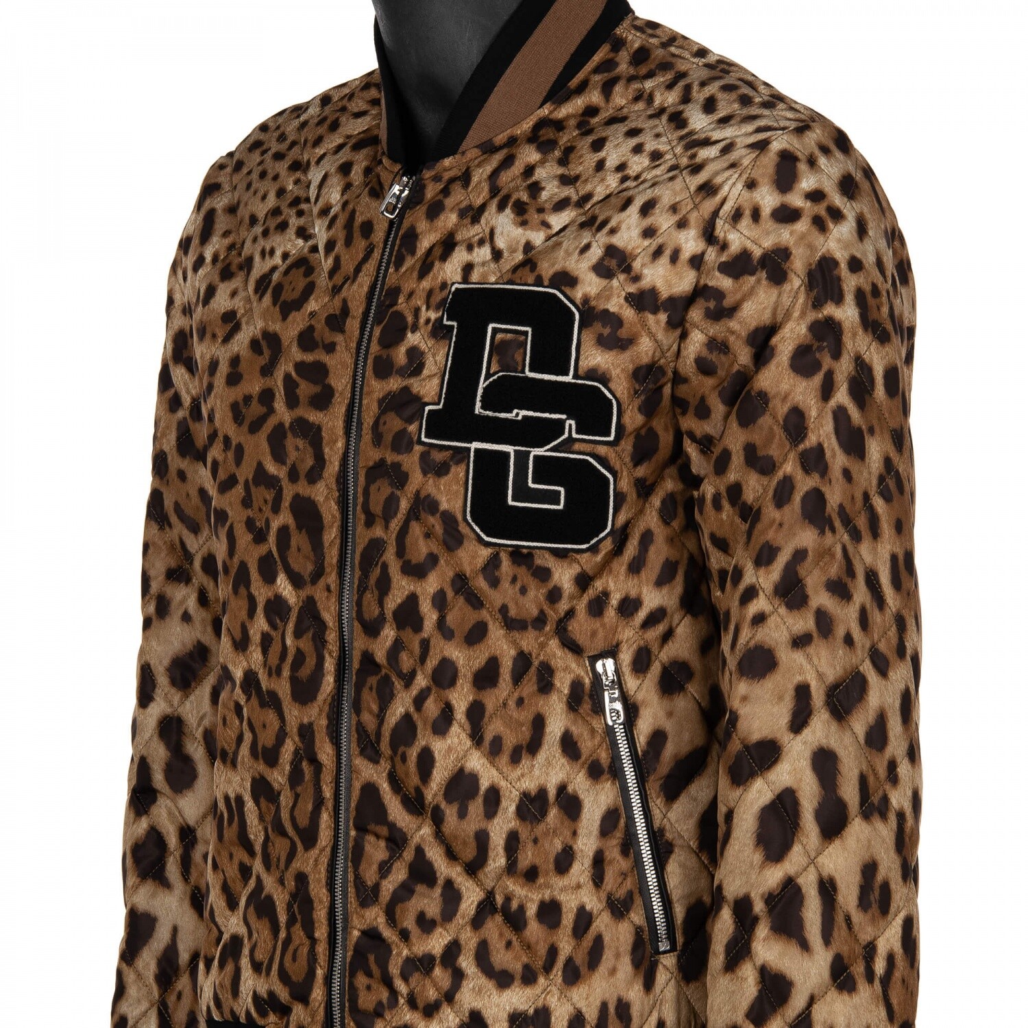 Pre-owned Dolce & Gabbana Leopard Print Quilted Bomber Jacket Dg Logo Brown Black 09026