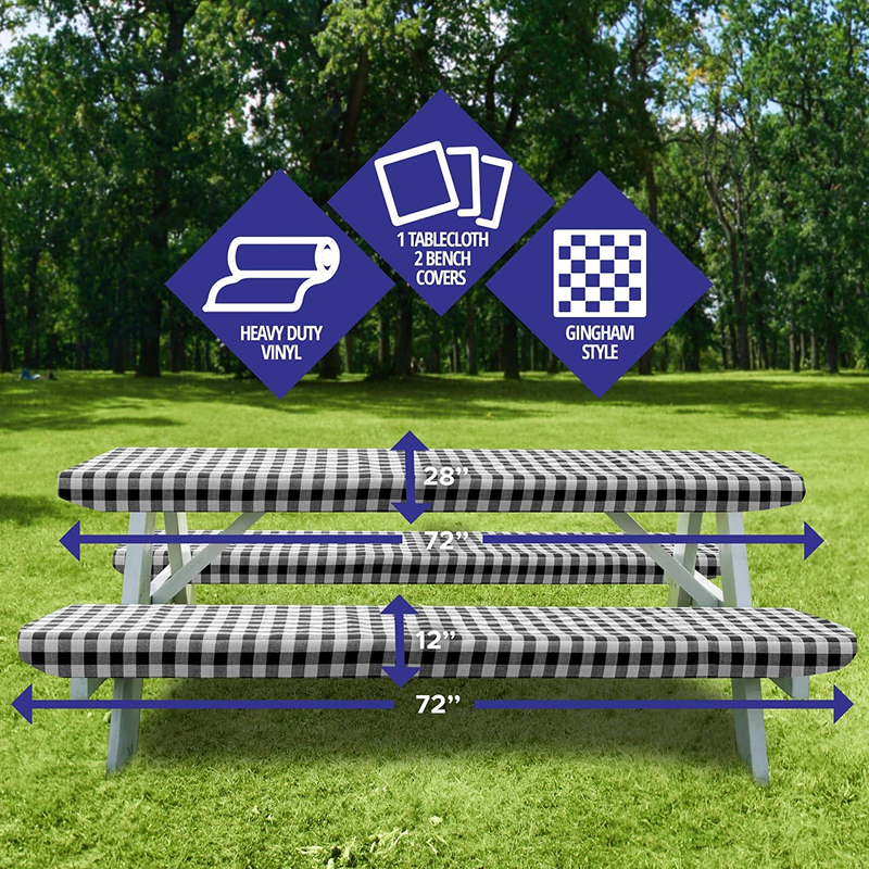 Vinyl Picnic Table and Bench Fitted Tablecloth Cover, Checkered Design, Flannel