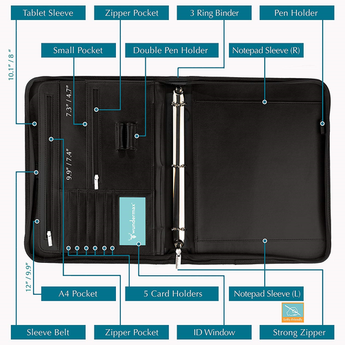 Wundermax Portfolio Binder A Zippered Padfolio with 3 Ring Binder Document PU