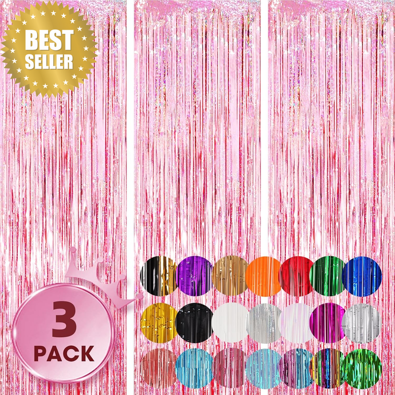 3 Pack Laser Pink Foil Fringe Curtain Tinsel Backdrop Birthday Party 8ft