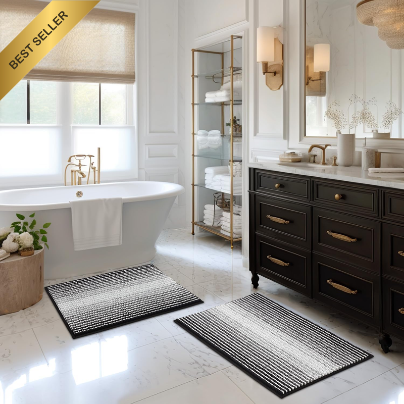 2Pcs Bathroom Rug Set Chenille Non Slip Absorbent Shaggy Bath Mats Black