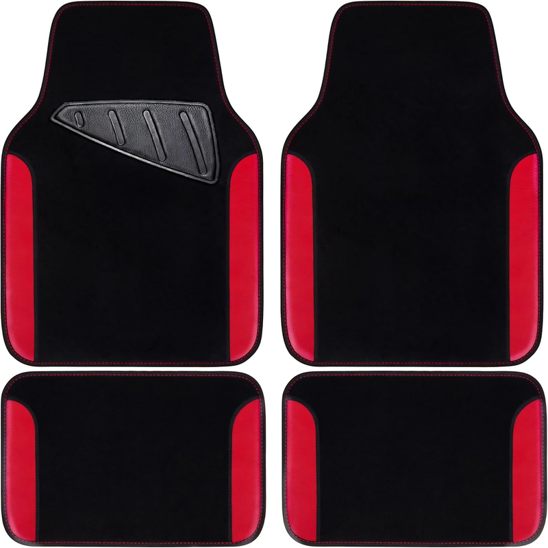 Universal Car Floor Mats, 4-Piece Set, Black and Red, Carpet with Faux Leather T