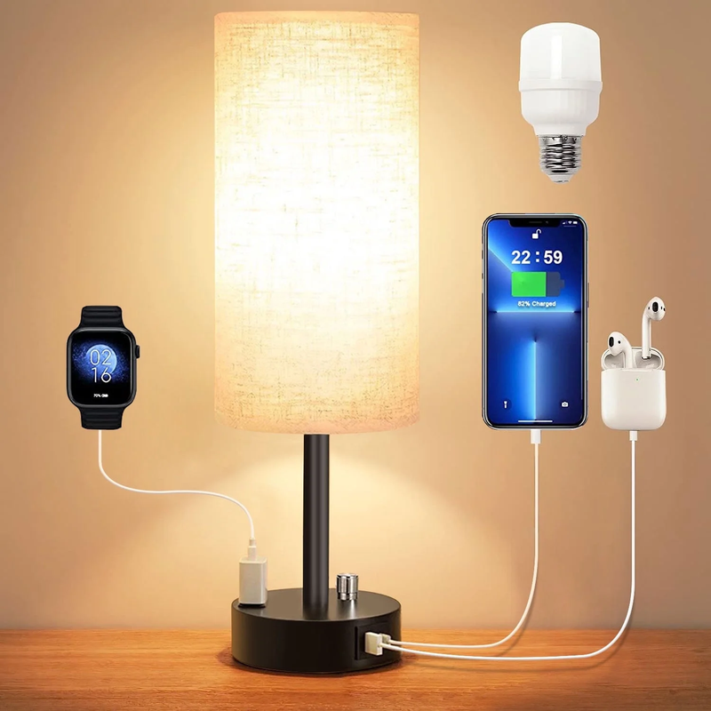 Dimmable Bedside Table Lamp with USB Charging and AC Outlet, Linen Shade