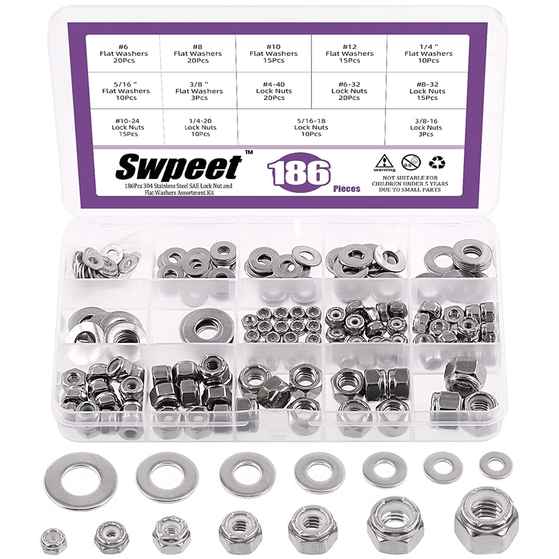 186Pcs SAE 304 Stainless Steel Lock Nut and Flat Washers Assortment Kit, Nylon I
