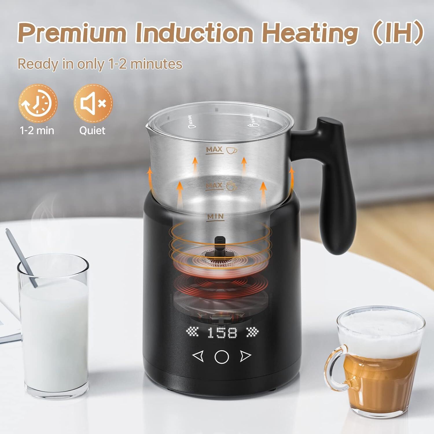 Milk Frother, 5-IN-1 Electric Milk Steamer Detachable Stainless Steel Jug Automa