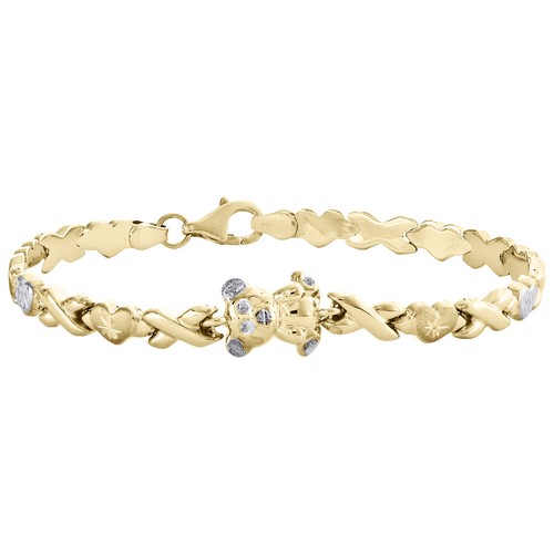 Pre-owned Jfl Diamonds & Timepieces 10k Yellow Gold Statement Teddy Bear Heart Hugs & Kisses Stampato Bracelet 7.25"